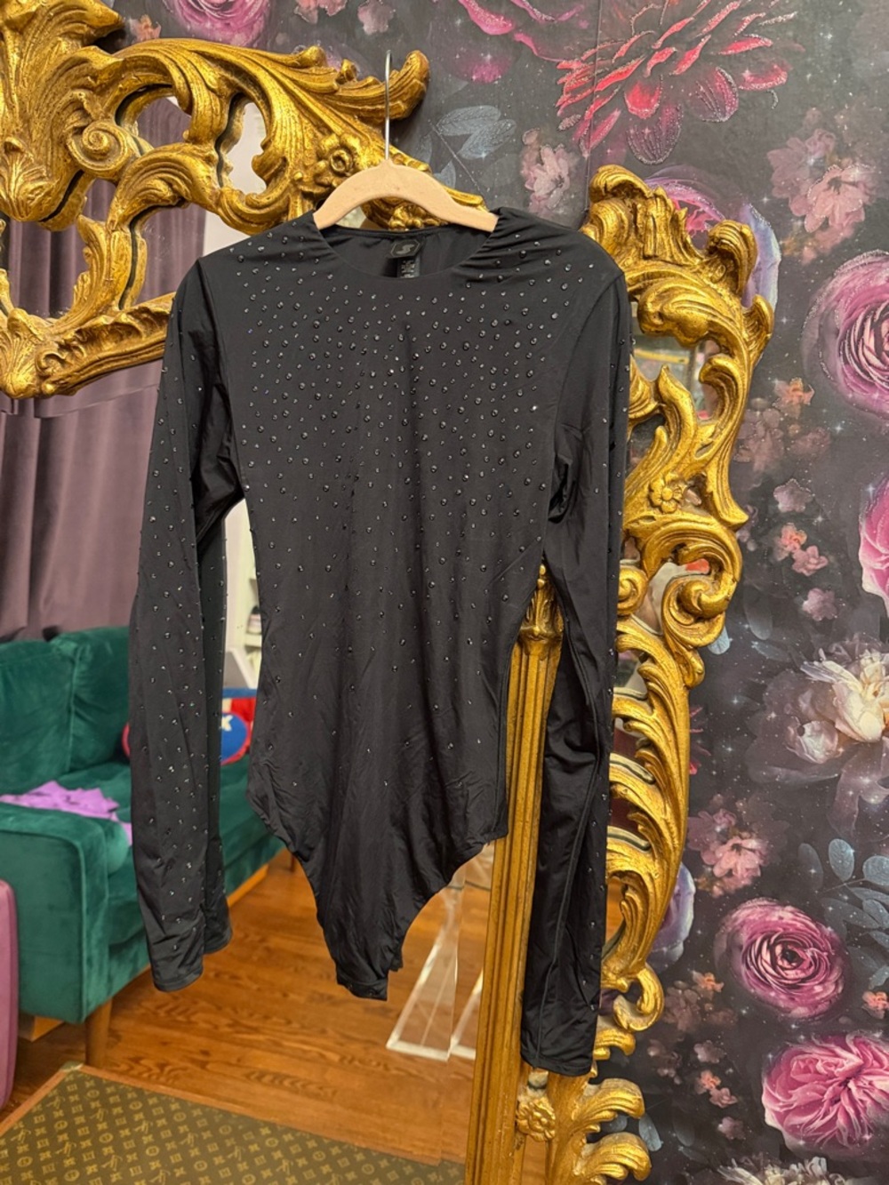Swarovski x Skims Black Long Sleeve Bodysuit with Stud Detailing